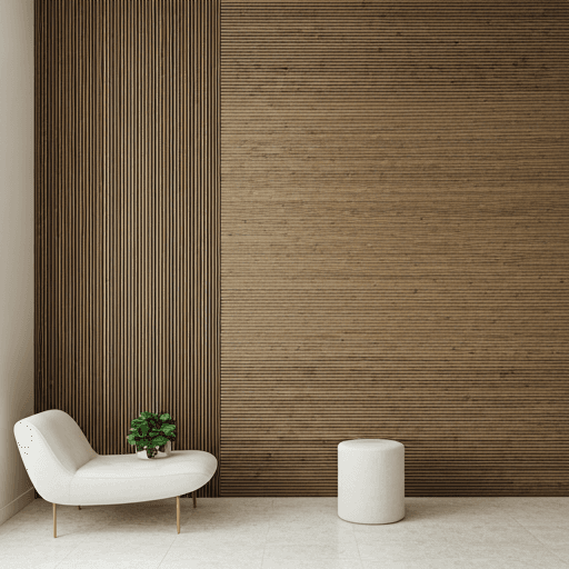 Textured wall covering and timber slats behind a lounge chair