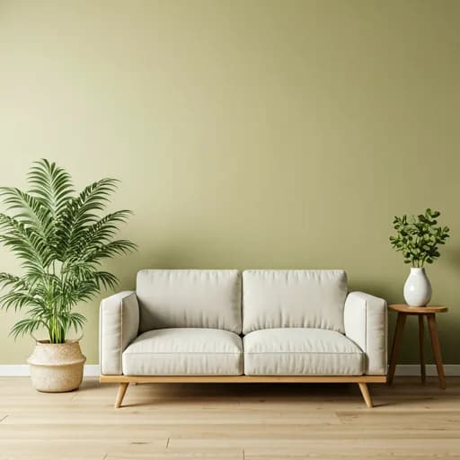 Living room with sage walls, upholstered seating and a timber floor