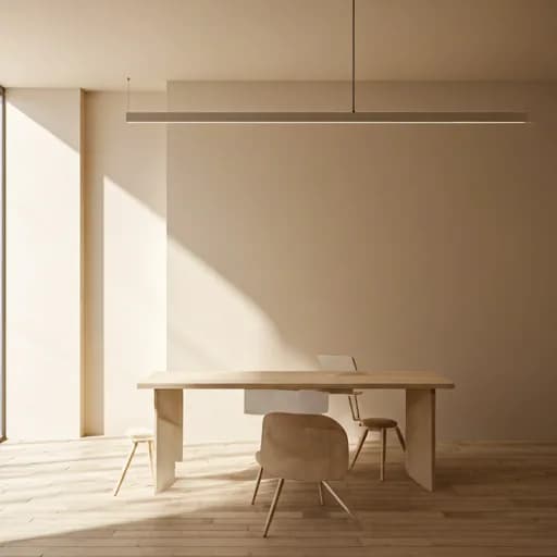 Minimal workspace with a timber desk and chair beside a window