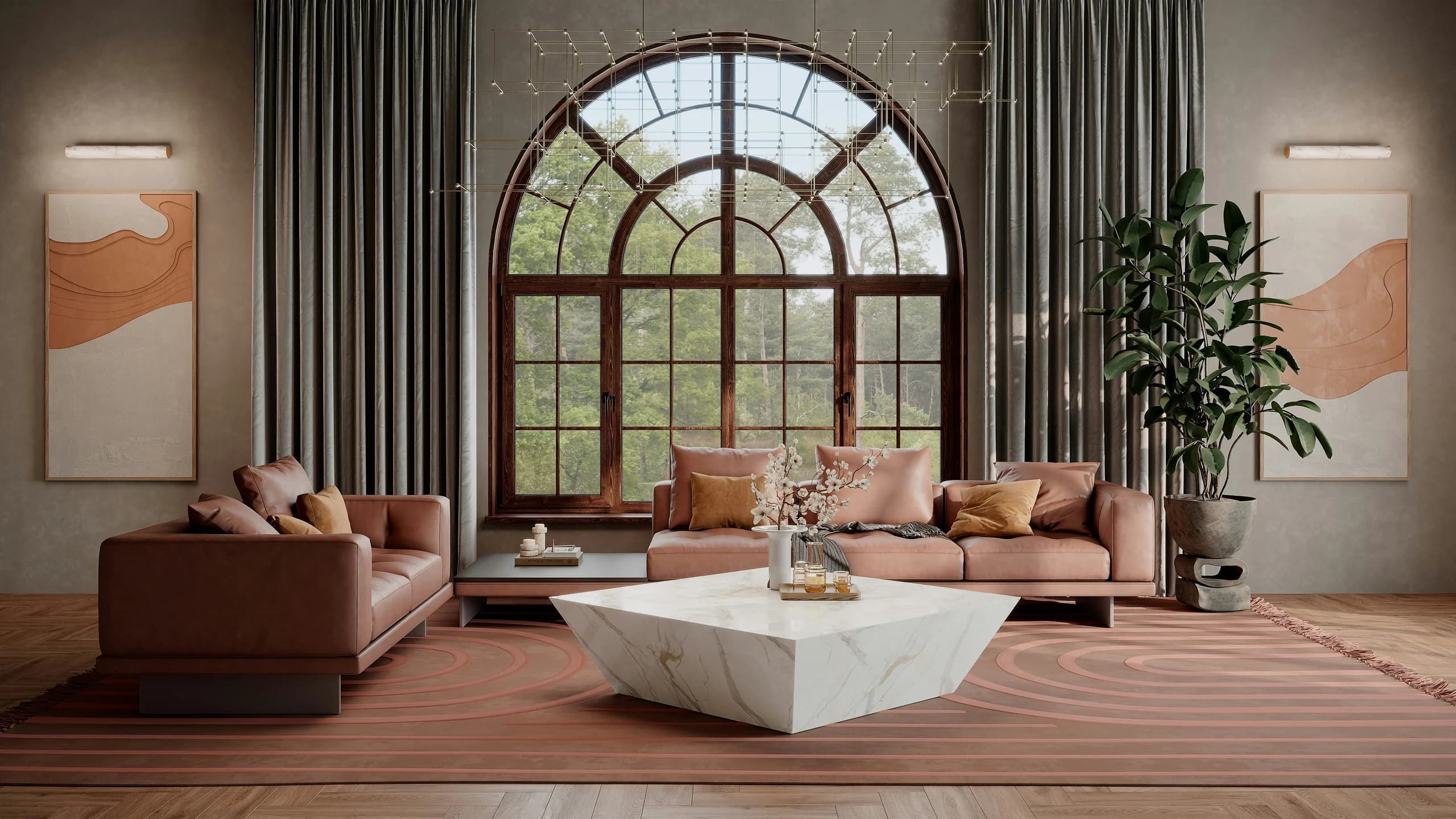 Warm brown sofas around a sculptural pale table, beneath a large arched window and delicate suspended lighting