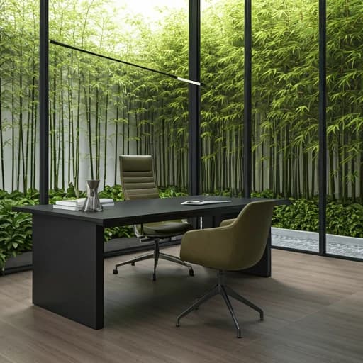 Charcoal desk with an olive rolling chair and guest armchair beside tall black-framed glazing overlooking bamboo