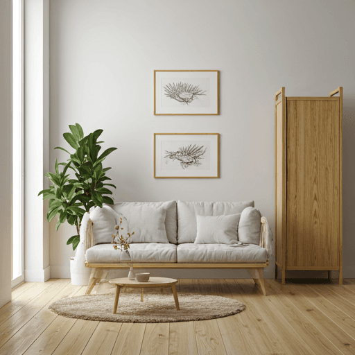 Coordinated living room with a sofa, rug, timber furniture and plants