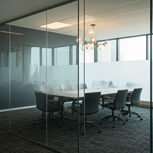 Frosted privacy film across the glass walls of a meeting room